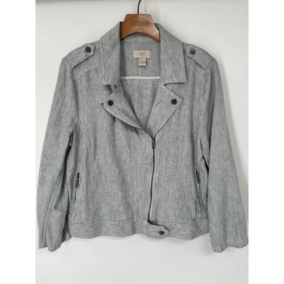 Loft Linen Cotton Blend Moto Jacket Women's Size Large Blue pockets - Picture 3 of 9